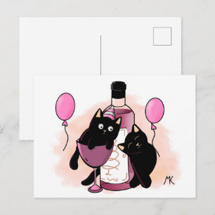 Karikatur schwarze Katzen feiern mit Luftballons u Feiertagspostkarte