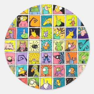 Karikatur seltsame Gesichter quadratische Designs Runder Aufkleber