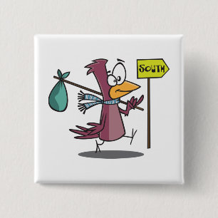Karikatur-Vogel auf dem Weg in den Süden reisend Button