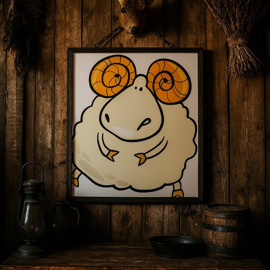 Karikatur-Widder mit gekrümmten Hörnern Poster