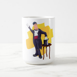 Karikatur-Zauberer führt Magie-Trick auf der Bühne Kaffeetasse