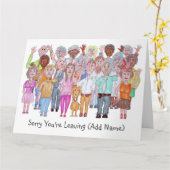 Karikaturen trauriger Menschen, die auf der Abschi Karte (Gelbe Blume)