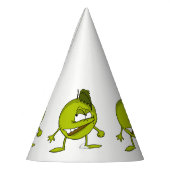 Karikaturenfigur aus grünem Apfel mit einem bösen  Partyhütchen (Links)