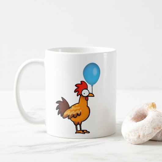 Karikaturhahn mit blauem Luftballon Kaffeetasse (Mit Donut)