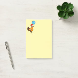 Karikaturhahn mit blauem Luftballon Post-it Klebezettel