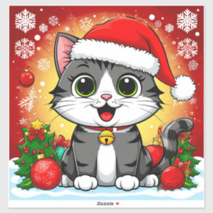 Karikaturkatze in Santa-Mütze mit Weihnachtsdekora Aufkleber