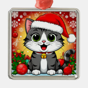 Karikaturkatze in Santa-Mütze mit Weihnachtsdekora Ornament Aus Metall