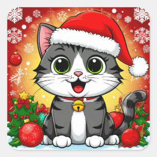 Karikaturkatze in Santa-Mütze mit Weihnachtsdekora Quadratischer Aufkleber