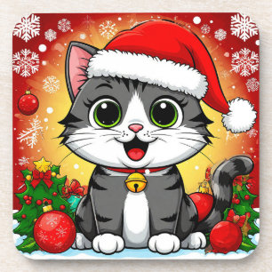 Karikaturkatze mit Weihnachtsmannmütze und Weihnac Getränkeuntersetzer