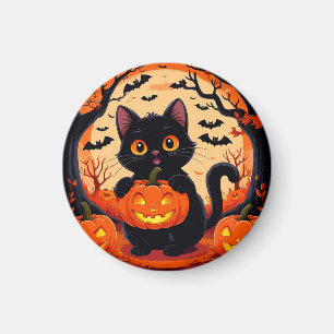 Karikaturkatze und Kürbisse unter Vollmond Magnet