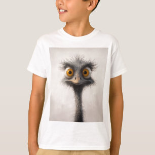 Karikaturporträt eines Straußes mit weit aufgeriss T-Shirt