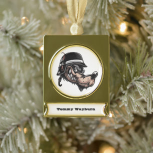 Karikaturwolf mit Dynamit auf seinem deutschen Hel Banner-Ornament Gold