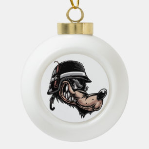 Karikaturwolf mit Dynamit auf seinem deutschen Hel Keramik Kugel-Ornament