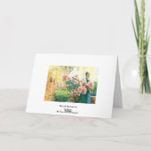 Karin mit rosa Blume und ihre Lounge Karte (Rückseite)