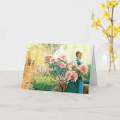 Karin mit rosa Blume und ihre Lounge Karte (Gelbe Blume)