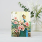 Karin mit rosa Blume und ihre Lounge Postkarte (Stehend Vorderseite)