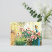 Karin mit rosa Blume und ihre Lounge Postkarte (Stehend Vorderseite)