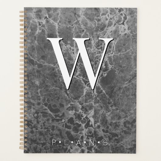 Karkohle Black Modern Marble Monogram Planer (Vorderseite)