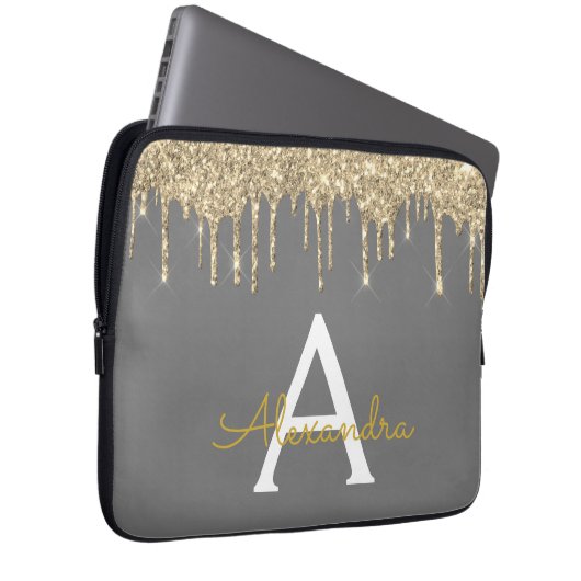 Karkohle Grau-Glitzer-Sparkle-Monogramm Laptopschutzhülle (Vorne Rechts)