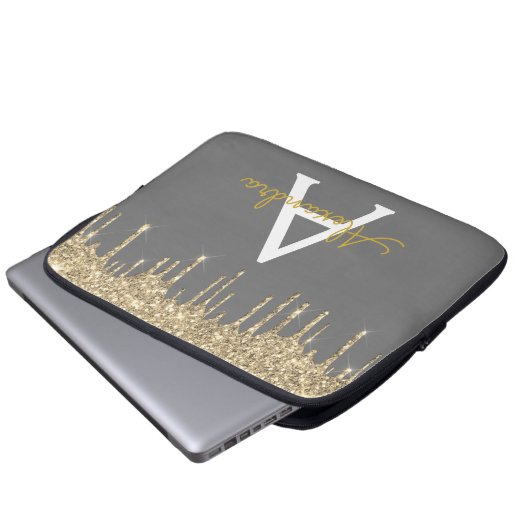 Karkohle Grau-Glitzer-Sparkle-Monogramm Laptopschutzhülle (Vorne Knopf)