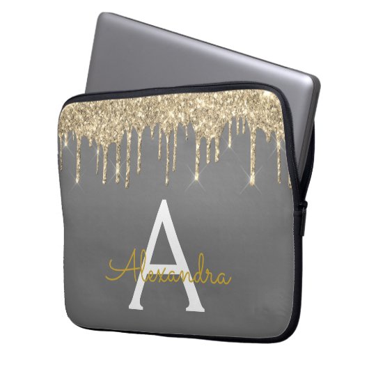 Karkohle Grau-Glitzer-Sparkle-Monogramm Laptopschutzhülle (Vorderseite Links)