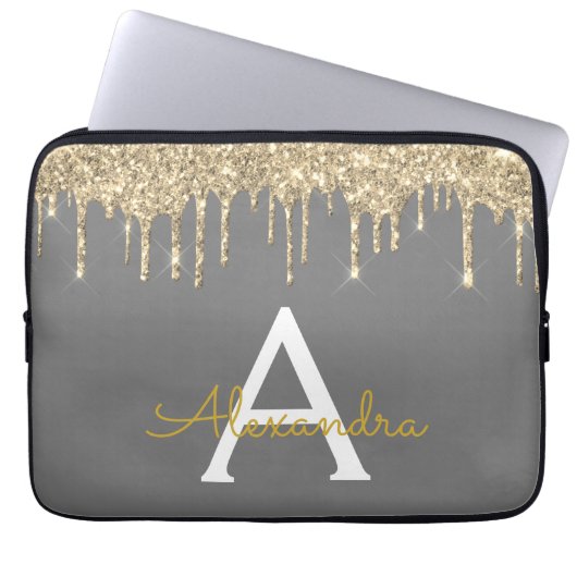 Karkohle Grau-Glitzer-Sparkle-Monogramm Laptopschutzhülle (Vorderseite)