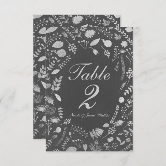 Karkohle Grau & Silver Floral Wedding Table Card Einladung (Vorne/Hinten)