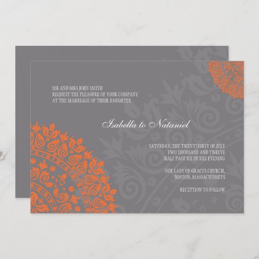 Karkohle Grau und Orange Damask Einladung (Vorne/Hinten)