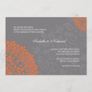 Karkohle Grau und Orange Damask Einladung