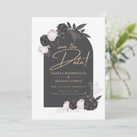 Karkohle Graurosa Rosen Hochzeit SPEICHERN DAS DAT Einladung (Stehend Vorderseite)