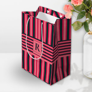 Karkohle Rosa Streifen Editable Elegante Monogram Mittlere Geschenktüte