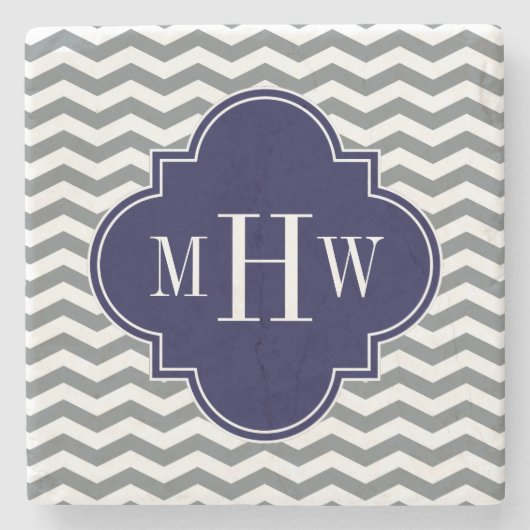 Karkohledünner Zickzack Navy-Quatrefolien 3 Monogr Steinuntersetzer (Vorderseite)