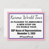 Karma World Tour Midterm Election 2026 GOP Fired Ankündigungspostkarte (Vorne/Hinten)