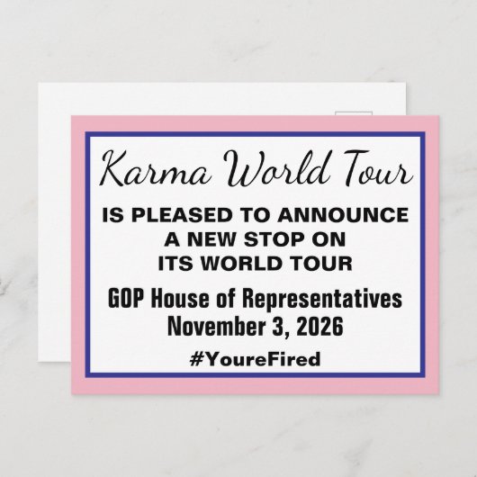 Karma World Tour Midterm Election 2026 GOP Fired Ankündigungspostkarte (Vorne/Hinten)