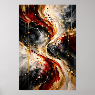 Karmesin-Schwarz-Gold-Wirbel-Abstrakt-Wandkunst Poster