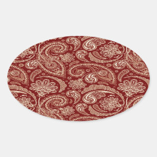 Karmesinrot und Beige Creme Vintage Paisley Ovaler Aufkleber