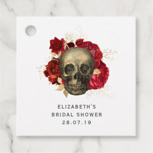 Karmesinrot und Gold gotischer Totenkopf und Rosen Geschenkanhänger