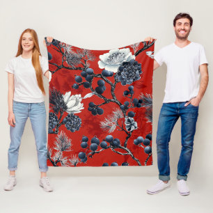 Karmesinrote Indigo-Chinoiserie Pfingstrose Magnol Fleecedecke