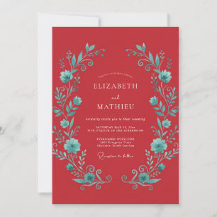 Karmesinrote Teal Lebendige Botanische Hochzeit Einladung