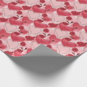 Karmesinrote und rosafarbene Herzen und Rosen  Geschenkpapier