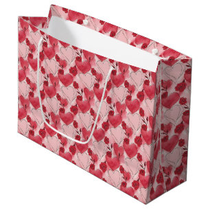 Karmesinrote und rosafarbene Herzen und Rosen  Große Geschenktüte