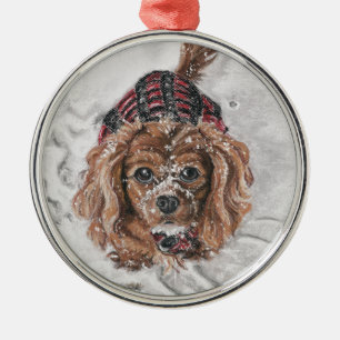 Karminroter unbekümmerter Königcharles Spaniel i Silbernes Ornament