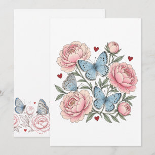 Karner Blue Schmetterlinge, rote Herzen, rosa Blum Einladung