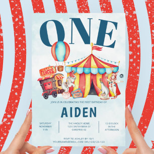Karneval Circus Big Top Blue 1. Geburtstag Einladung