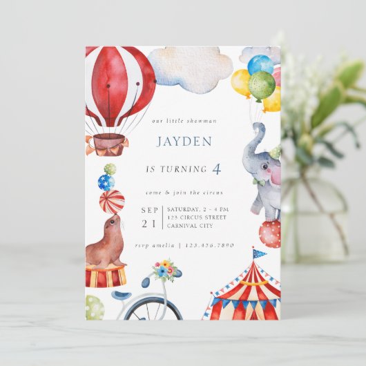 Karneval Circus Kindergeburtstag Einladung (Stehend Vorderseite)