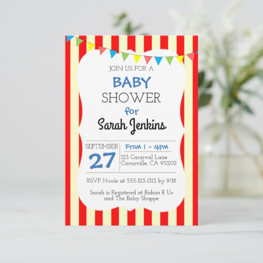Karneval Circus Stripe Babydusche Einladung (Stehend Vorderseite)