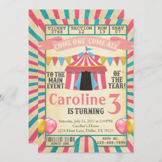 Karneval Circus Ticket Geburtstagsparty Einladung (Vorne/Hinten)