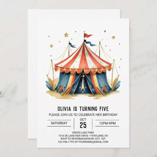 Karneval Editable Magic Circus Geburtstag Einladung (Vorne/Hinten)