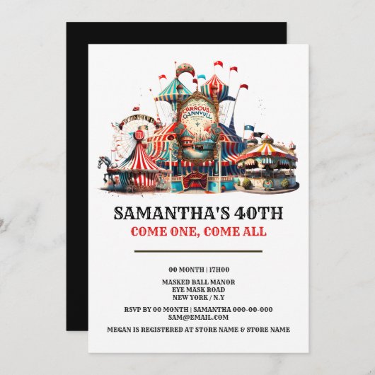 Karneval Geburtstagsretro Zirkus Zelt Karussellrad Einladung (Vorne/Hinten)