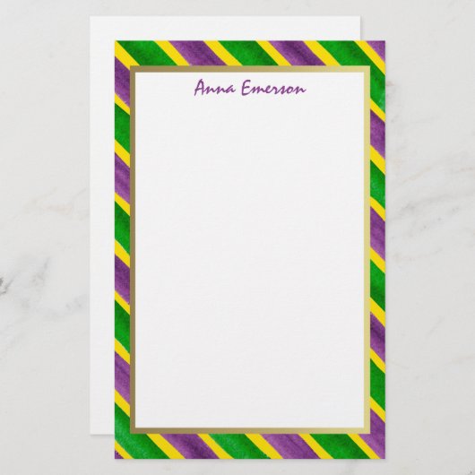 Karneval-handgemalte lila grünes Goldstreifen Briefpapier (Vorne/Hinten)